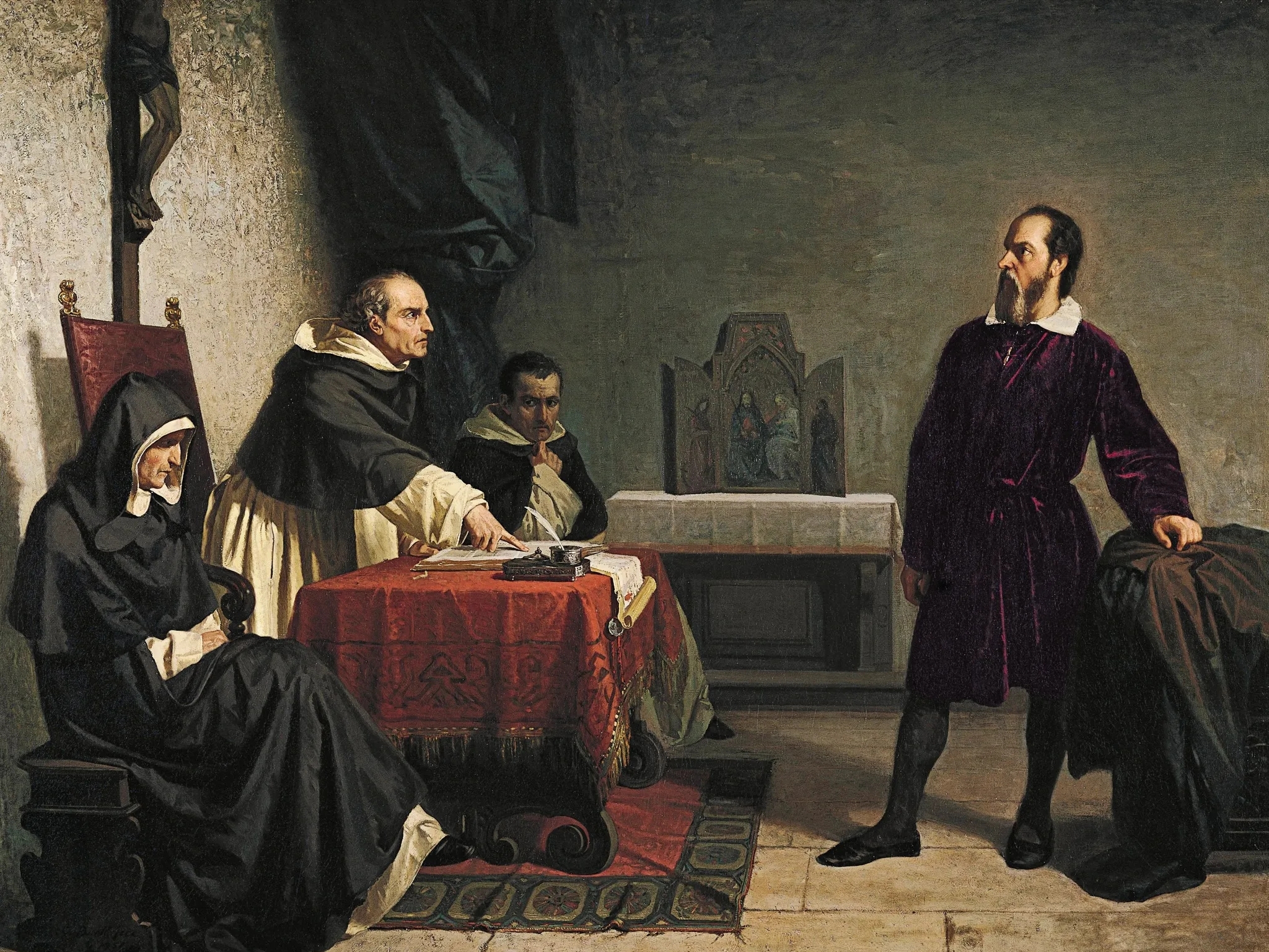 Galileo stands in front of Roman clergy