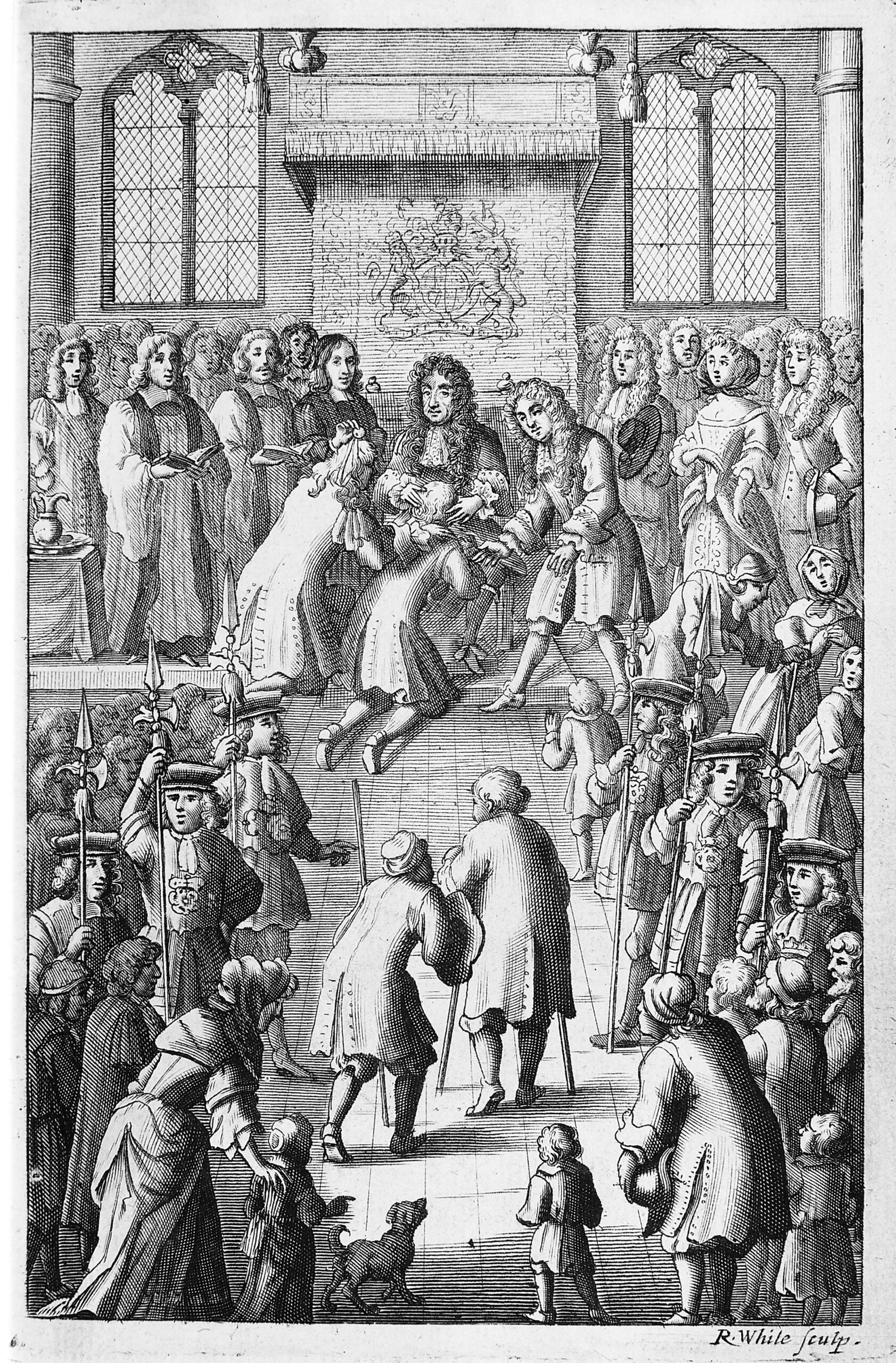 Engraving of King Charles II performing the royal touch ceremony to cure a patient of scrofula, surrounded by courtiers and clergy, symbolizing the monarch’s divine healing power.