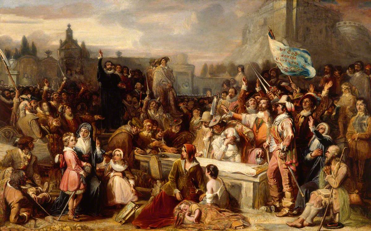 The Signing of the National Covenant in Greyfriars Kirkyard’ (1838) by Sir William Allan, depicting Scottish Presbyterians pledging to defend their religious and political freedoms, an event connected to the broader political conflicts of John Locke’s era.